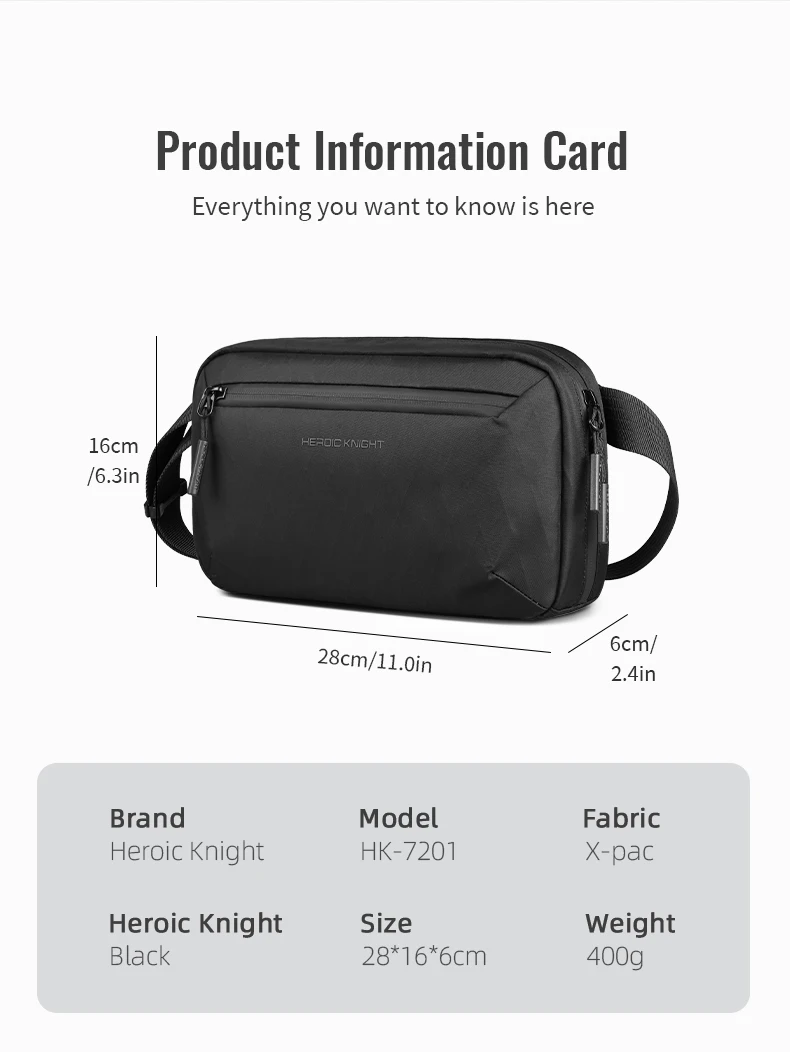 Heroic Knight Quality Men's Shoulder Bag Light Waterproof X-Pac Messenger Bag Stylish Clutch Bags With Detachable Shoulder Strap