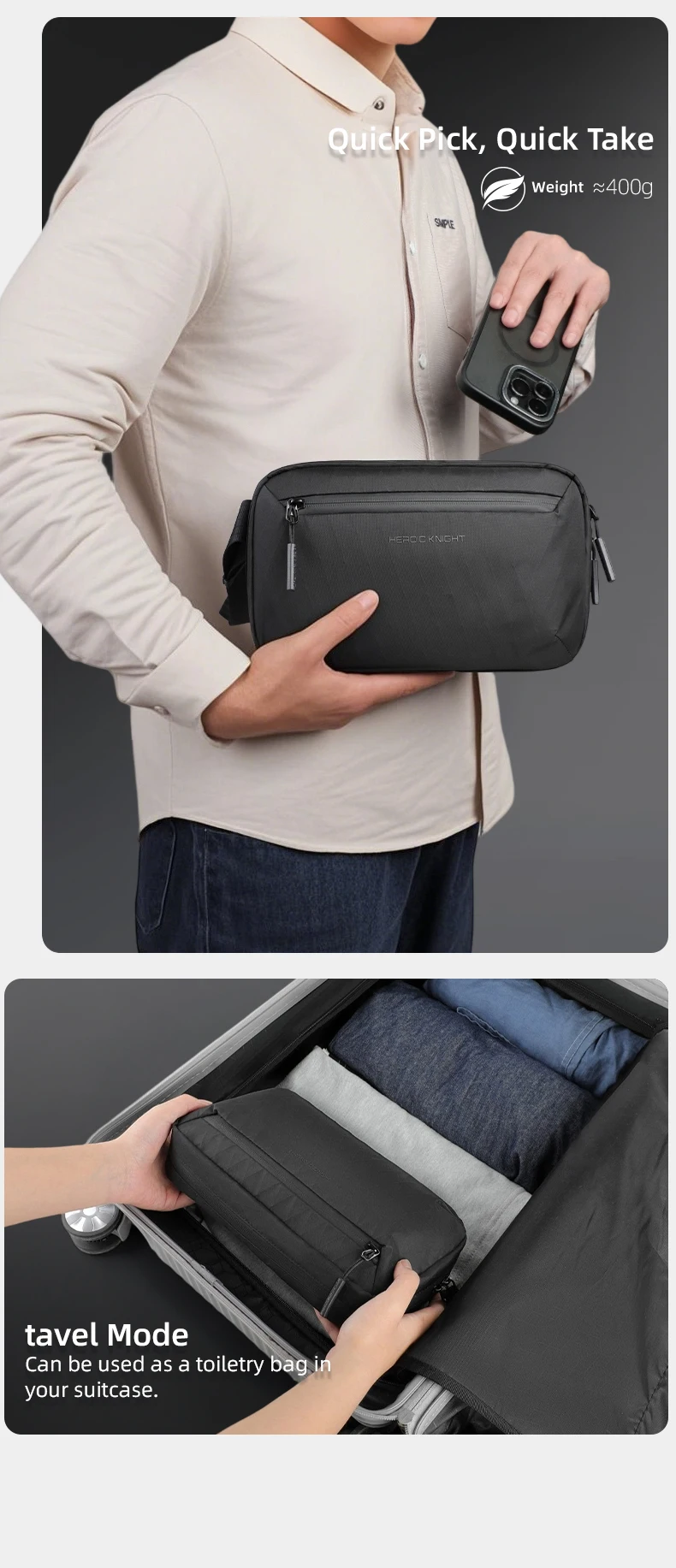 Heroic Knight Quality Men's Shoulder Bag Light Waterproof X-Pac Messenger Bag Stylish Clutch Bags With Detachable Shoulder Strap