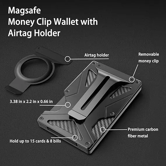 MagSafe Wallet Money Clip with AirTag Holder And 1 Magnetic Sheet Compatible with Magnetic & Non-Magnetic Phones