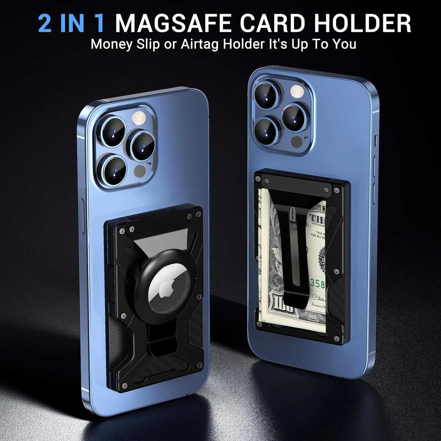 MagSafe Wallet Money Clip with AirTag Holder And 1 Magnetic Sheet Compatible with Magnetic & Non-Magnetic Phones