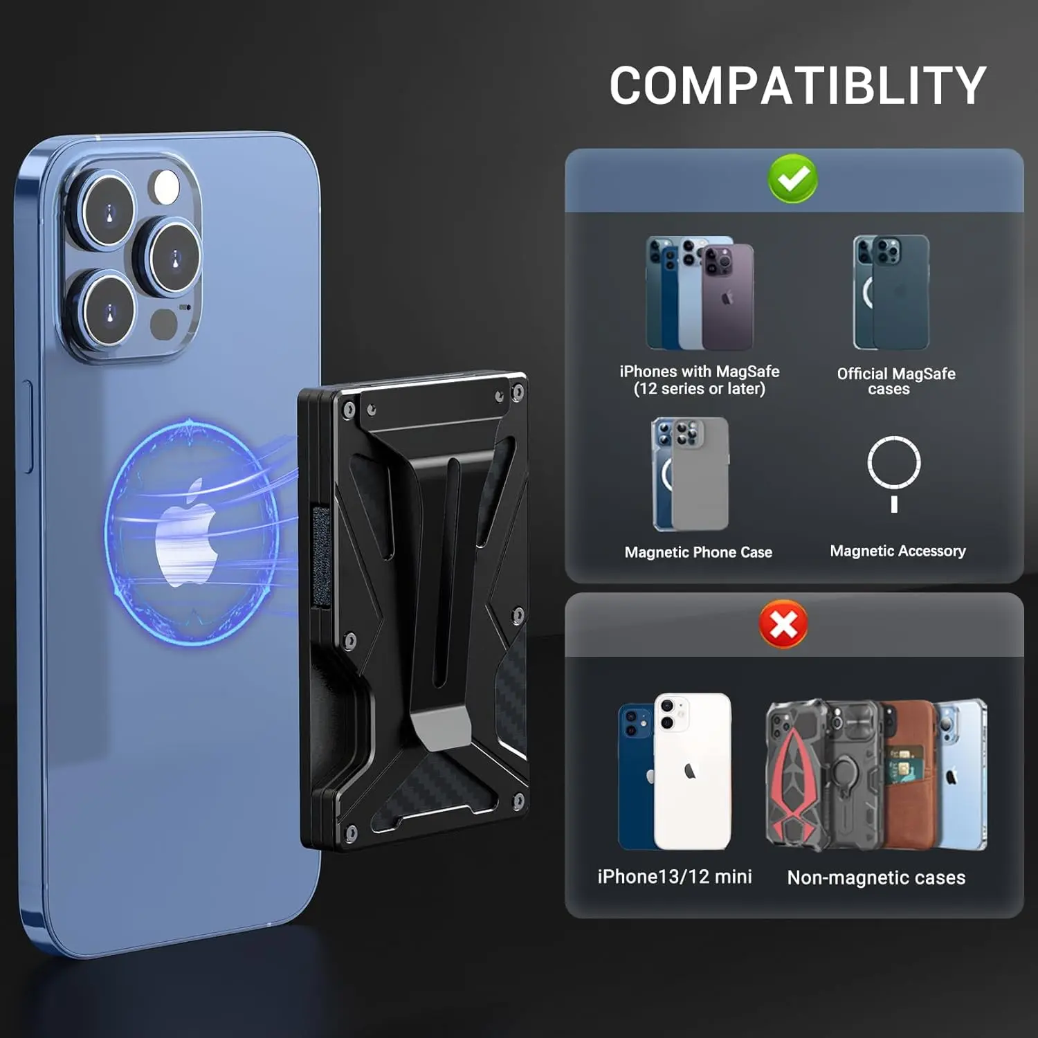 MagSafe Wallet Money Clip with AirTag Holder And 1 Magnetic Sheet Compatible with Magnetic & Non-Magnetic Phones