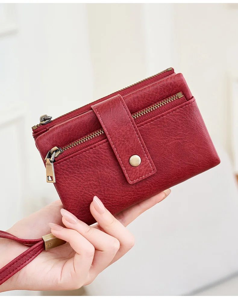 Vintage RFID Blocking Wallet for Women with Double Zipper Multiple Card Slots Coin Pocket Portable Three-Fold Short Wallet