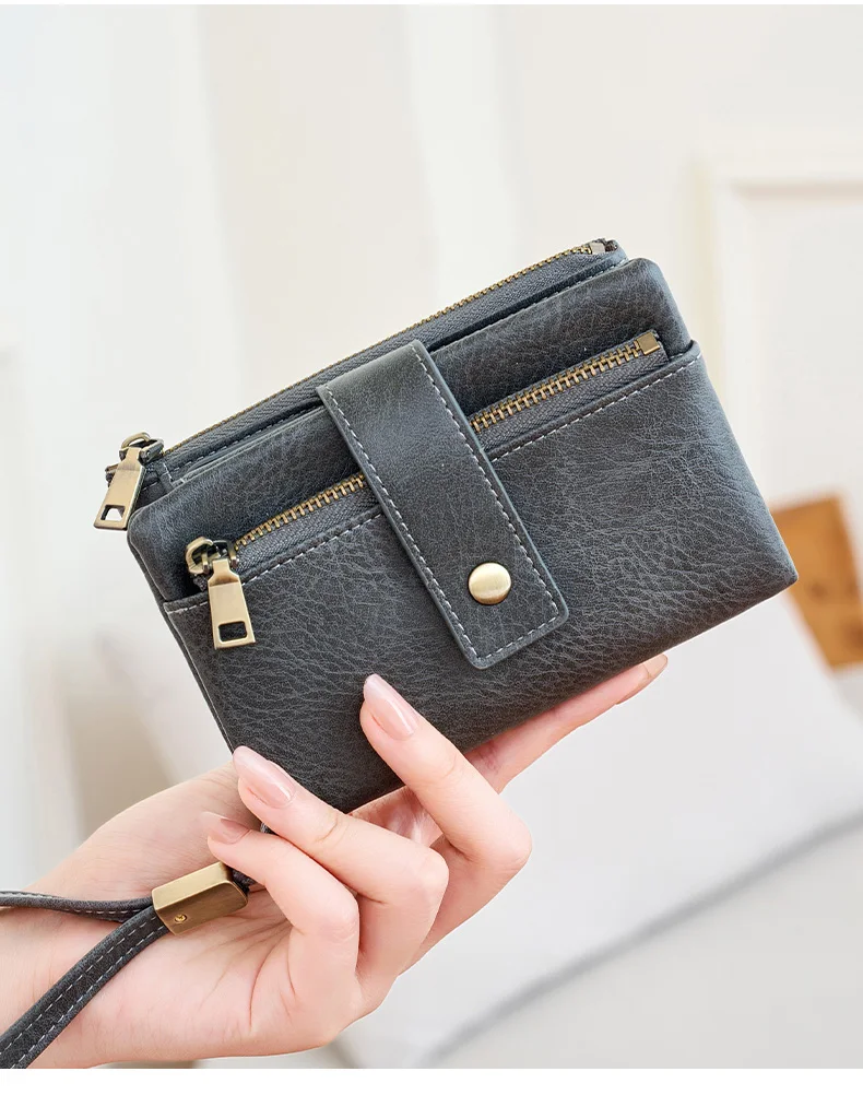 Vintage RFID Blocking Wallet for Women with Double Zipper Multiple Card Slots Coin Pocket Portable Three-Fold Short Wallet