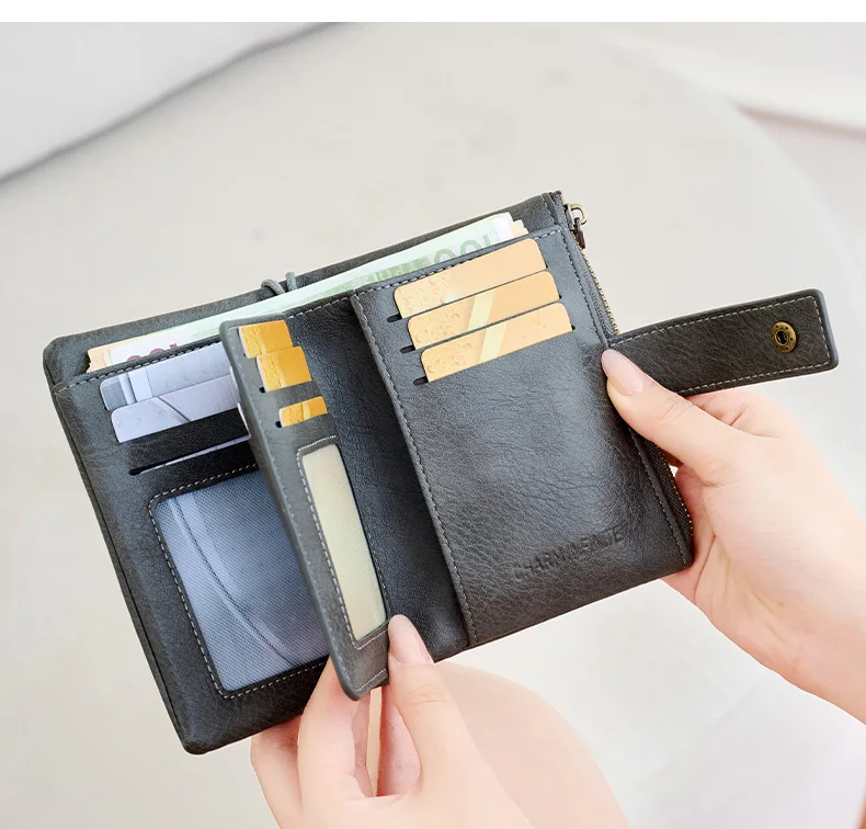 Vintage RFID Blocking Wallet for Women with Double Zipper Multiple Card Slots Coin Pocket Portable Three-Fold Short Wallet