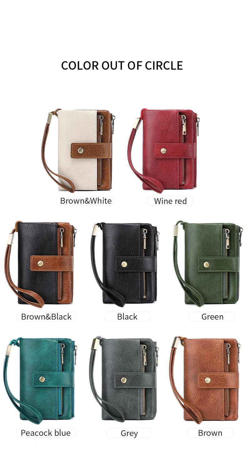 Vintage RFID Blocking Wallet for Women with Double Zipper Multiple Card Slots Coin Pocket Portable Three-Fold Short Wallet