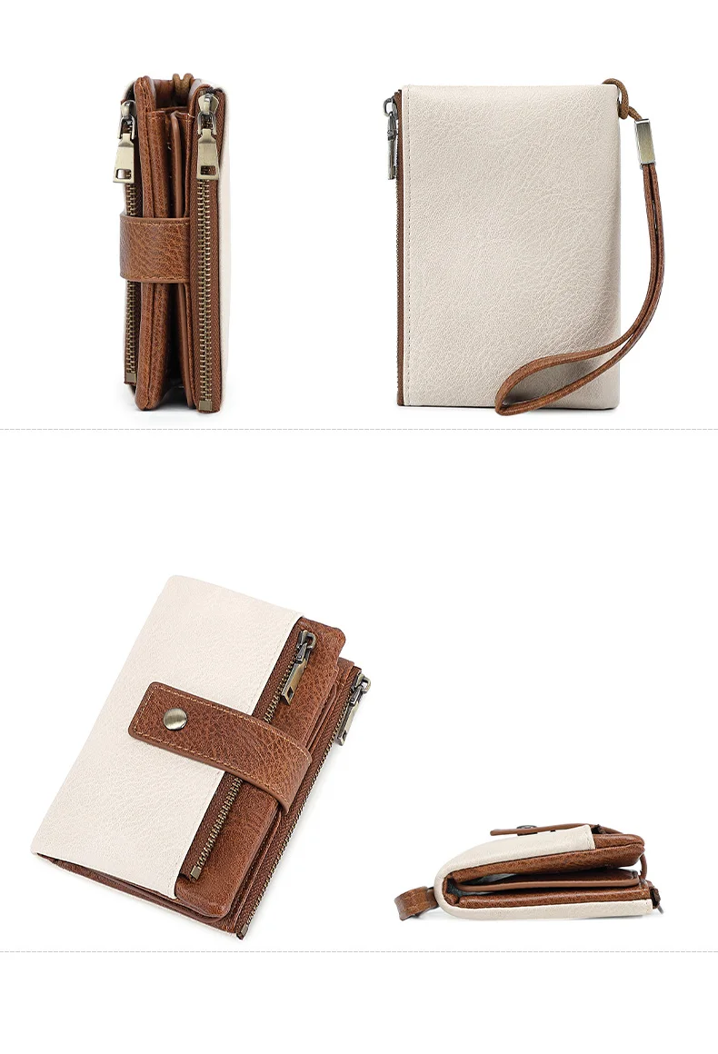 Vintage RFID Blocking Wallet for Women with Double Zipper Multiple Card Slots Coin Pocket Portable Three-Fold Short Wallet