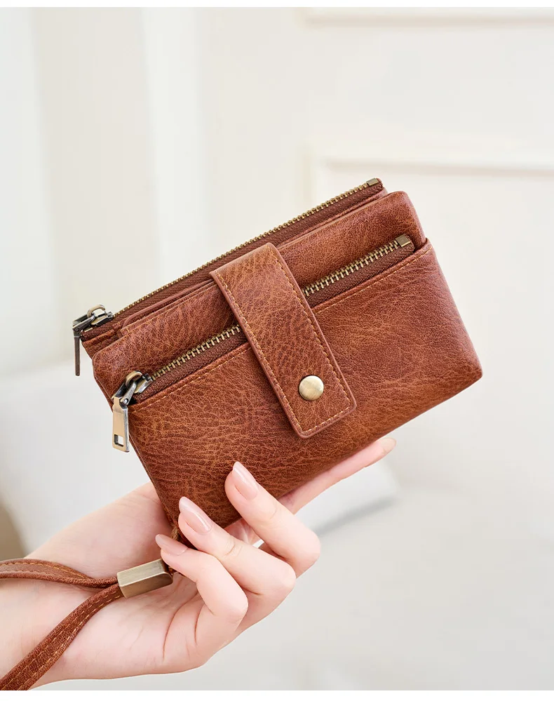 Vintage RFID Blocking Wallet for Women with Double Zipper Multiple Card Slots Coin Pocket Portable Three-Fold Short Wallet