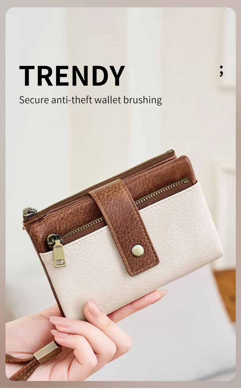 Vintage RFID Blocking Wallet for Women with Double Zipper Multiple Card Slots Coin Pocket Portable Three-Fold Short Wallet