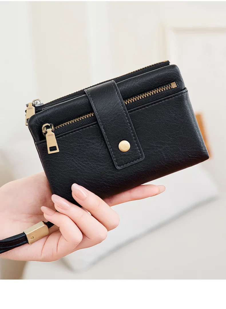 Vintage RFID Blocking Wallet for Women with Double Zipper Multiple Card Slots Coin Pocket Portable Three-Fold Short Wallet