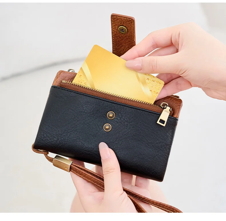 Vintage RFID Blocking Wallet for Women with Double Zipper Multiple Card Slots Coin Pocket Portable Three-Fold Short Wallet