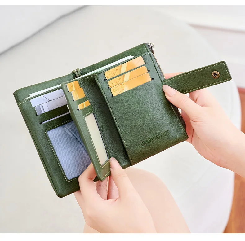 Vintage RFID Blocking Wallet for Women with Double Zipper Multiple Card Slots Coin Pocket Portable Three-Fold Short Wallet