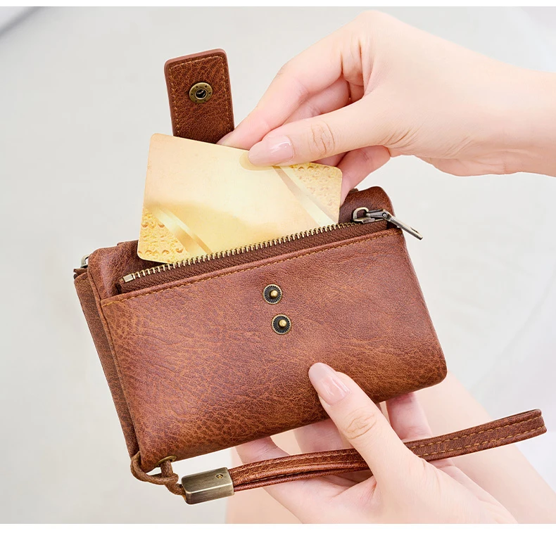 Vintage RFID Blocking Wallet for Women with Double Zipper Multiple Card Slots Coin Pocket Portable Three-Fold Short Wallet