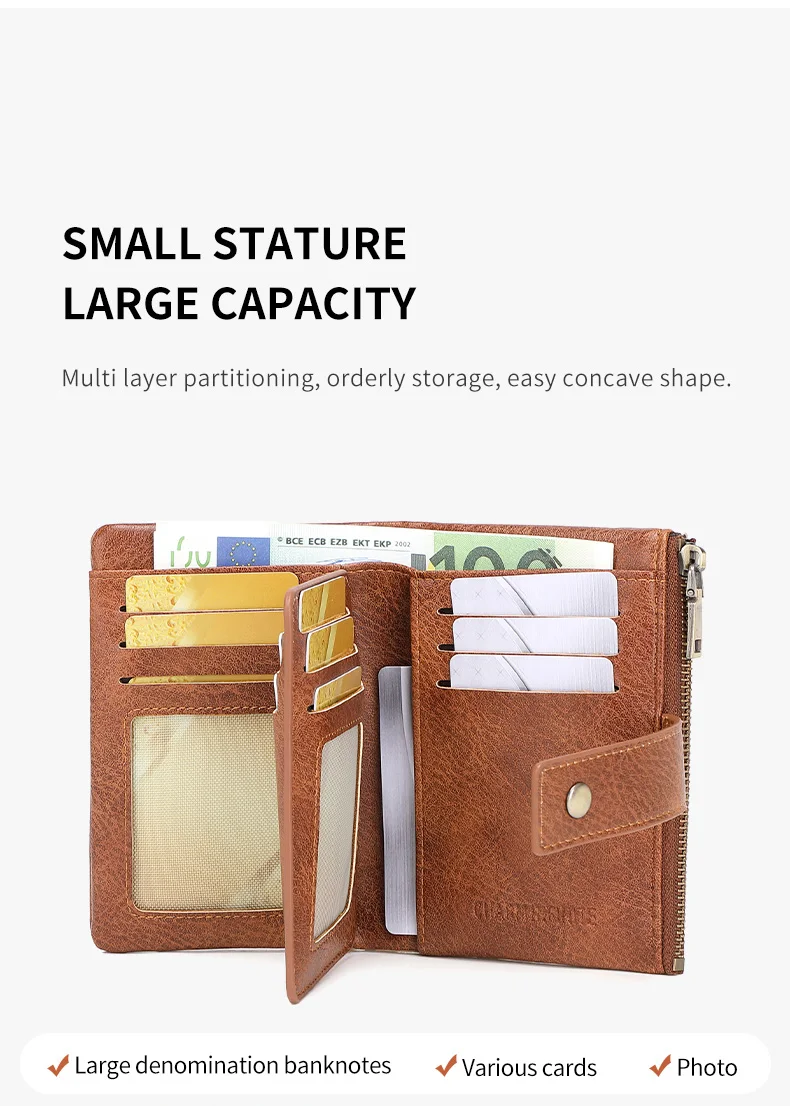 Vintage RFID Blocking Wallet for Women with Double Zipper Multiple Card Slots Coin Pocket Portable Three-Fold Short Wallet