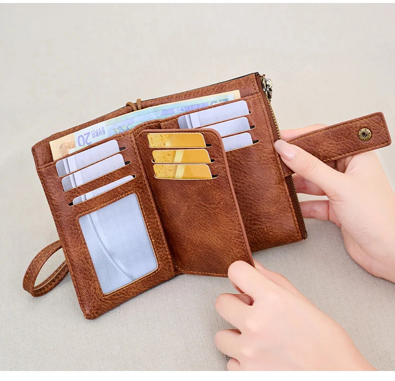 Vintage RFID Blocking Wallet for Women with Double Zipper Multiple Card Slots Coin Pocket Portable Three-Fold Short Wallet