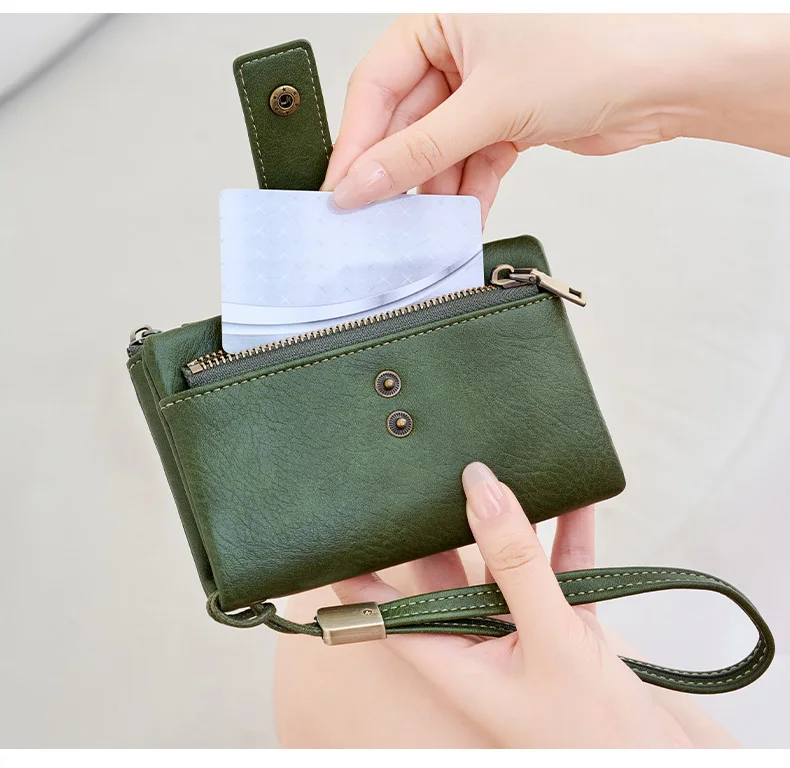 Vintage RFID Blocking Wallet for Women with Double Zipper Multiple Card Slots Coin Pocket Portable Three-Fold Short Wallet