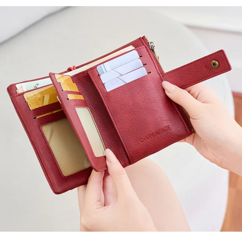 Vintage RFID Blocking Wallet for Women with Double Zipper Multiple Card Slots Coin Pocket Portable Three-Fold Short Wallet