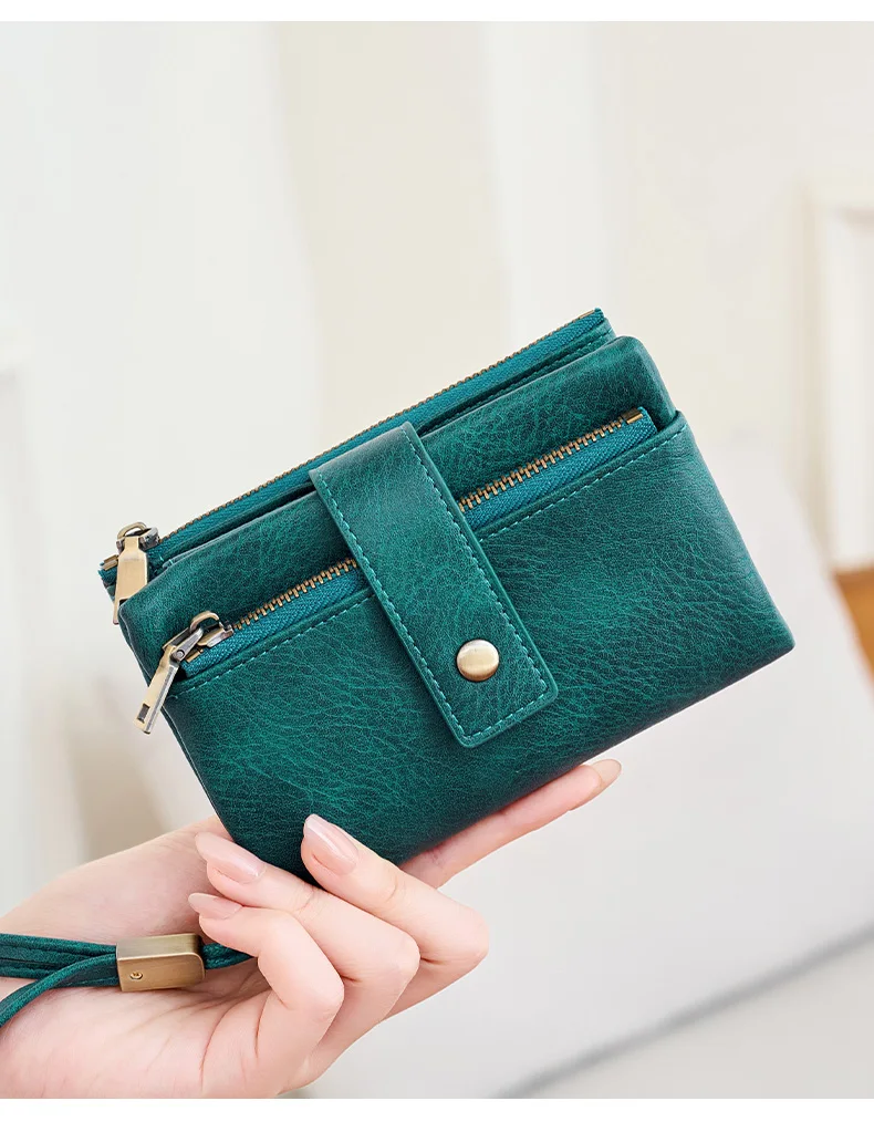 Vintage RFID Blocking Wallet for Women with Double Zipper Multiple Card Slots Coin Pocket Portable Three-Fold Short Wallet