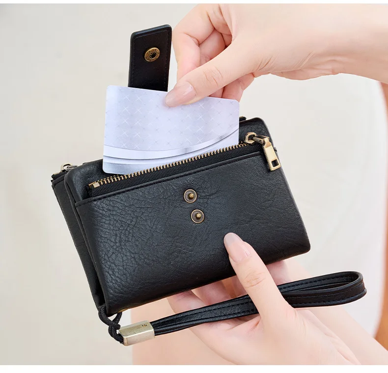 Vintage RFID Blocking Wallet for Women with Double Zipper Multiple Card Slots Coin Pocket Portable Three-Fold Short Wallet