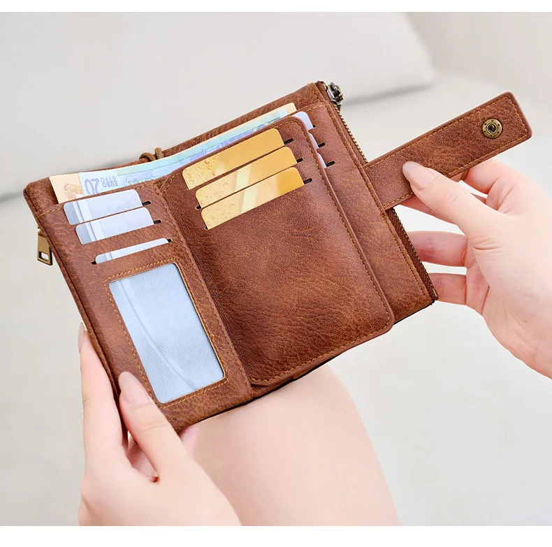 Vintage RFID Blocking Wallet for Women with Double Zipper Multiple Card Slots Coin Pocket Portable Three-Fold Short Wallet