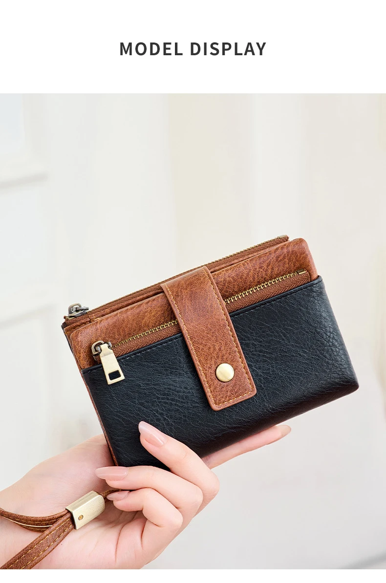 Vintage RFID Blocking Wallet for Women with Double Zipper Multiple Card Slots Coin Pocket Portable Three-Fold Short Wallet