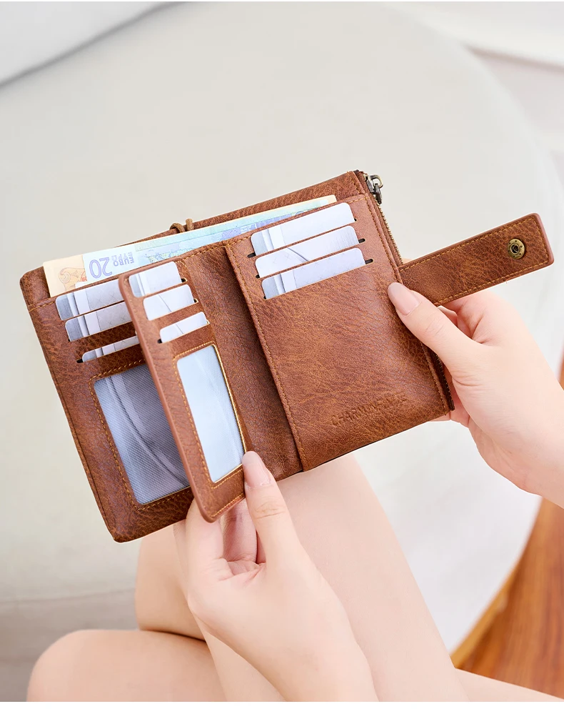 Vintage RFID Blocking Wallet for Women with Double Zipper Multiple Card Slots Coin Pocket Portable Three-Fold Short Wallet