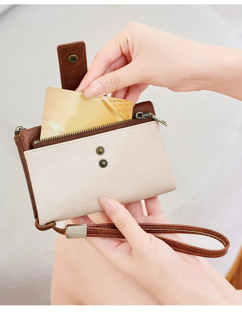Vintage RFID Blocking Wallet for Women with Double Zipper Multiple Card Slots Coin Pocket Portable Three-Fold Short Wallet