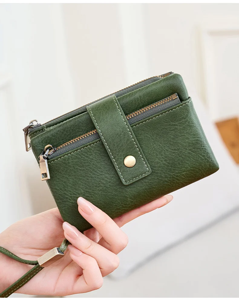 Vintage RFID Blocking Wallet for Women with Double Zipper Multiple Card Slots Coin Pocket Portable Three-Fold Short Wallet
