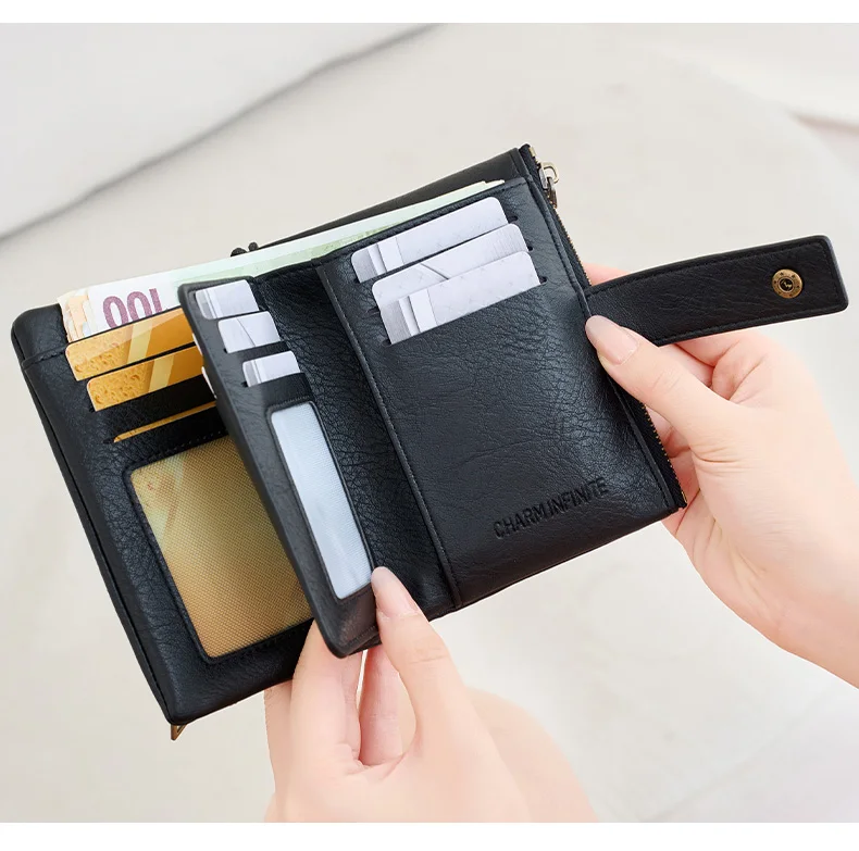 Vintage RFID Blocking Wallet for Women with Double Zipper Multiple Card Slots Coin Pocket Portable Three-Fold Short Wallet