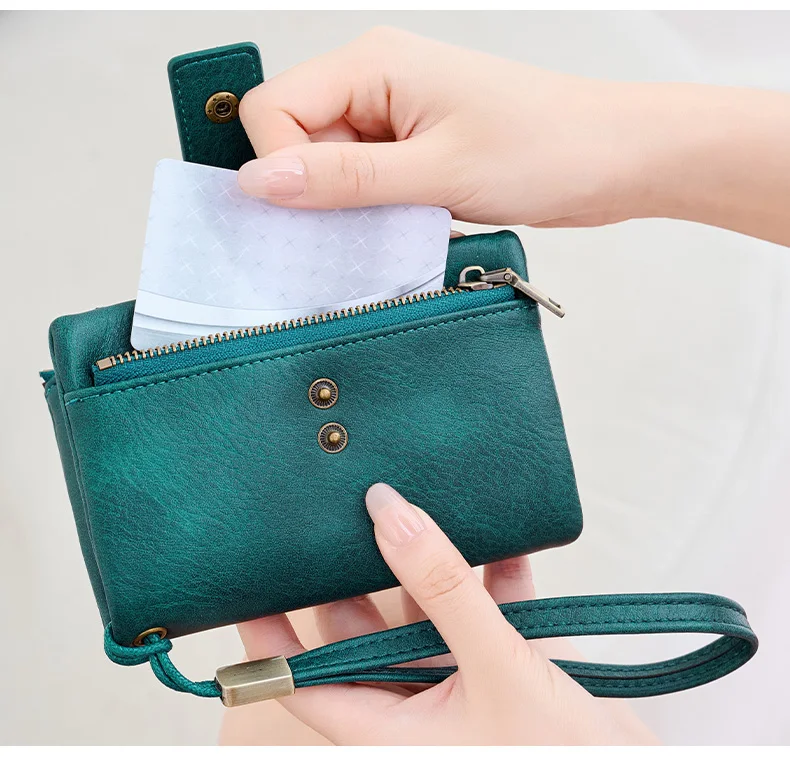 Vintage RFID Blocking Wallet for Women with Double Zipper Multiple Card Slots Coin Pocket Portable Three-Fold Short Wallet