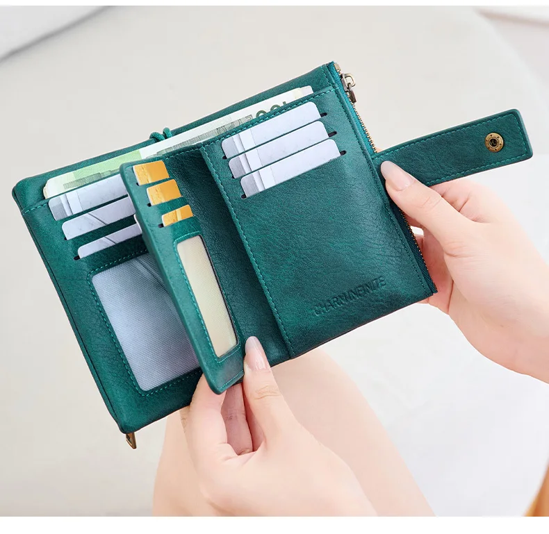 Vintage RFID Blocking Wallet for Women with Double Zipper Multiple Card Slots Coin Pocket Portable Three-Fold Short Wallet