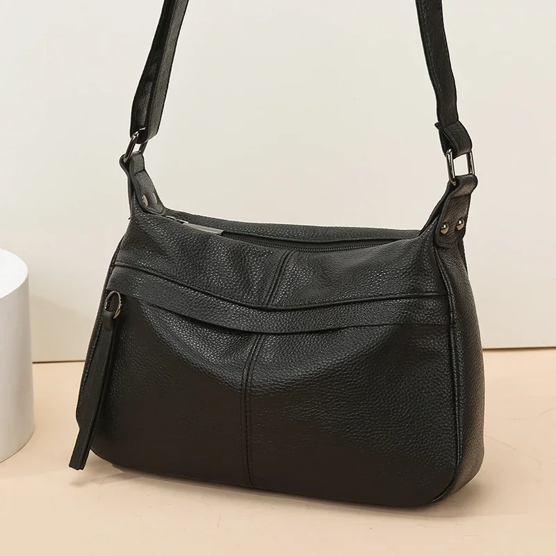 100% Cowhide Handbag and Purses New Fashion Shoulder Bag with Wide Straps Women Soft Genuine Leather Crossbody Messenger Bag