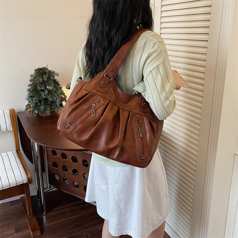 Vintage Soft Leather Women Hobo Bag Large Capacity Casual Tote Bag Female 2026 Trend Shoulder Crossbody Bags for Work & Travel