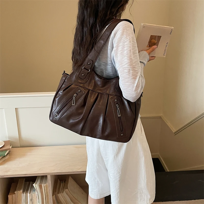 Vintage Soft Leather Women Hobo Bag Large Capacity Casual Tote Bag Female 2026 Trend Shoulder Crossbody Bags for Work & Travel