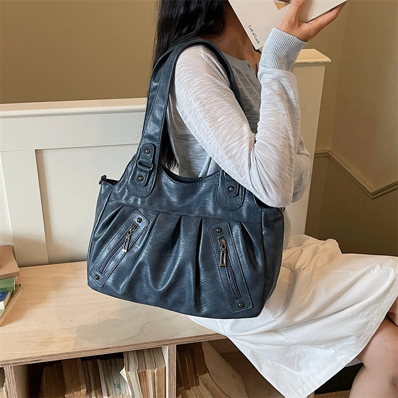 Vintage Soft Leather Women Hobo Bag Large Capacity Casual Tote Bag Female 2026 Trend Shoulder Crossbody Bags for Work & Travel