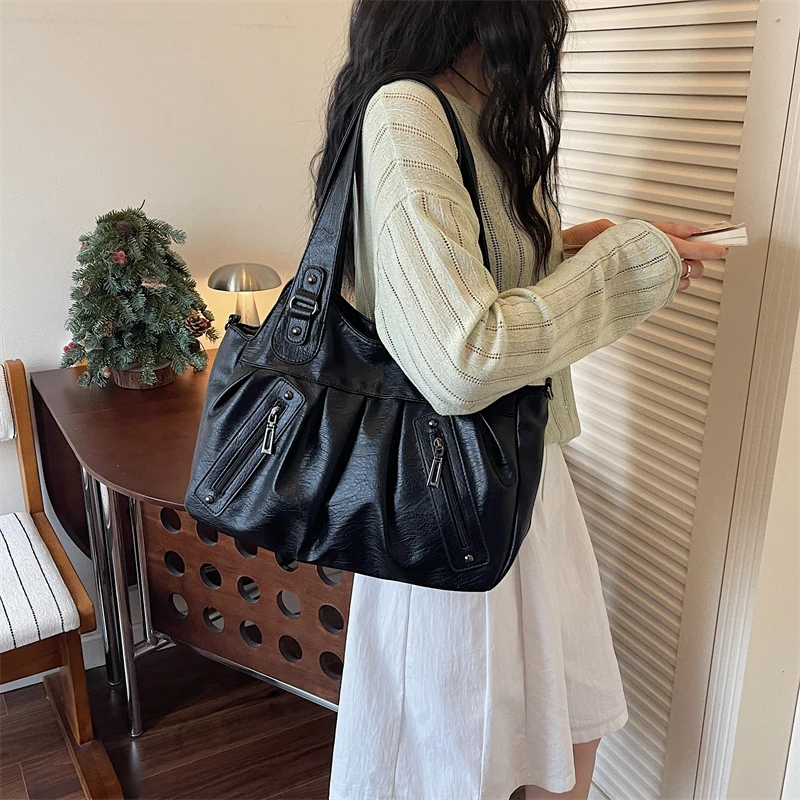 Vintage Soft Leather Women Hobo Bag Large Capacity Casual Tote Bag Female 2026 Trend Shoulder Crossbody Bags for Work & Travel