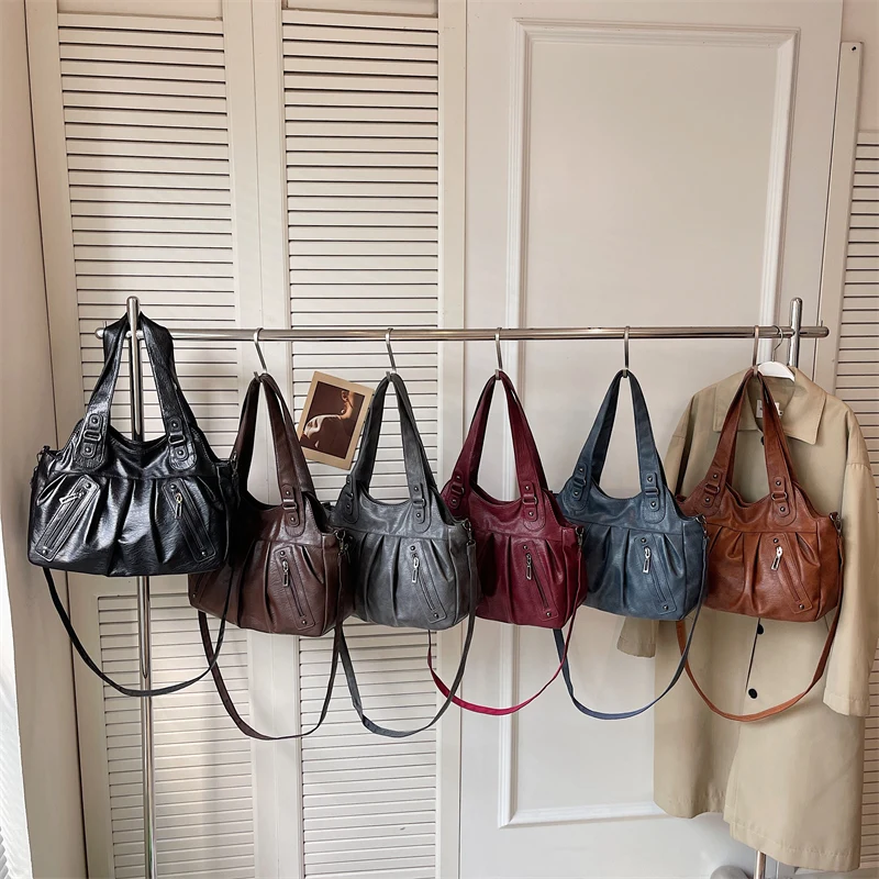Vintage Soft Leather Women Hobo Bag Large Capacity Casual Tote Bag Female 2026 Trend Shoulder Crossbody Bags for Work & Travel