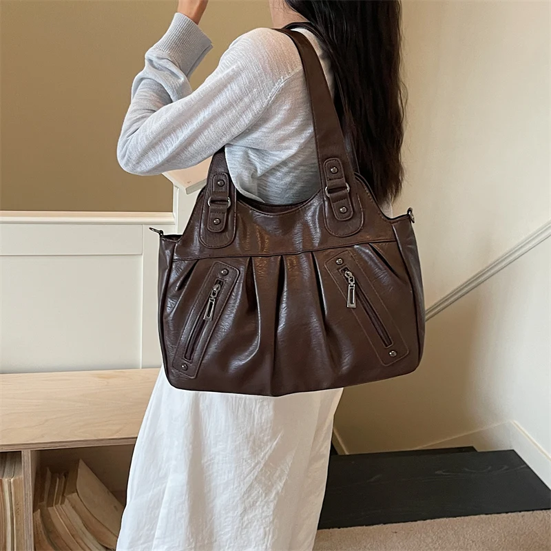 Vintage Soft Leather Women Hobo Bag Large Capacity Casual Tote Bag Female 2026 Trend Shoulder Crossbody Bags for Work & Travel