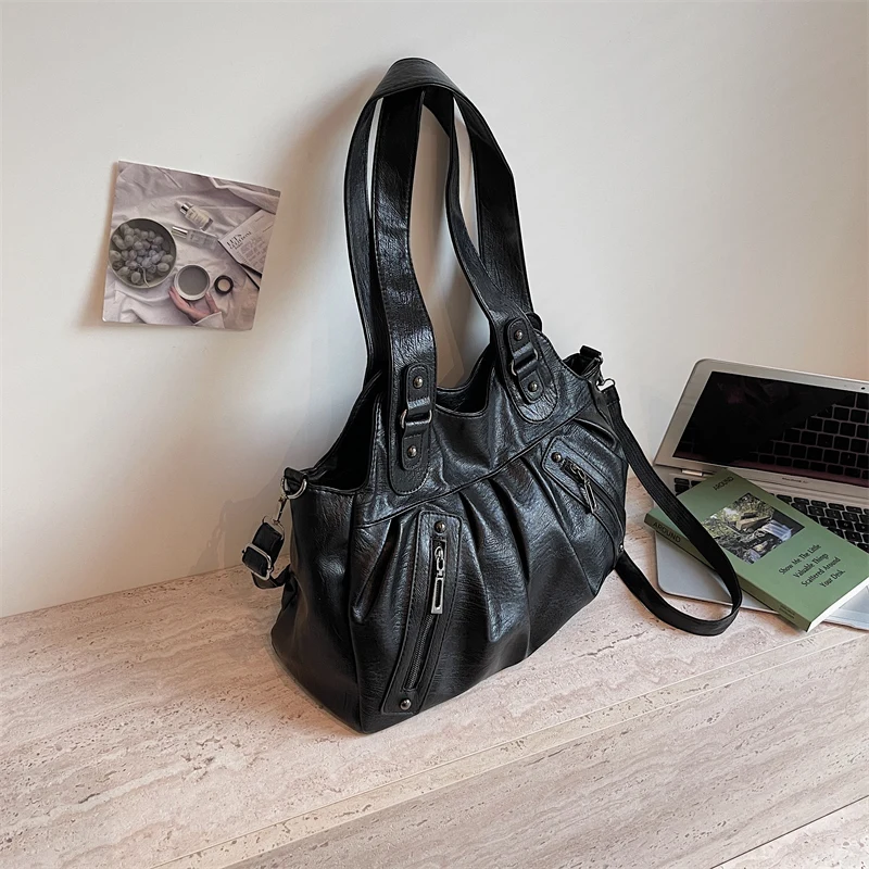 Vintage Soft Leather Women Hobo Bag Large Capacity Casual Tote Bag Female 2026 Trend Shoulder Crossbody Bags for Work & Travel