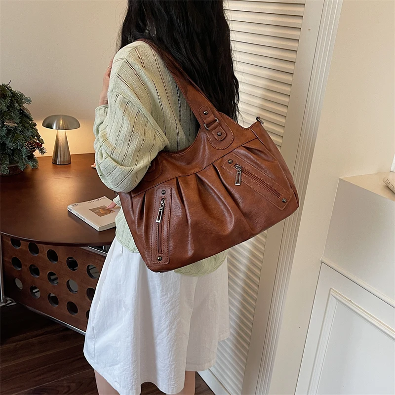 Vintage Soft Leather Women Hobo Bag Large Capacity Casual Tote Bag Female 2026 Trend Shoulder Crossbody Bags for Work & Travel