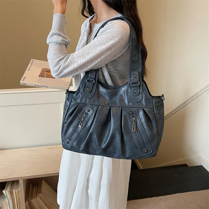 Vintage Soft Leather Women Hobo Bag Large Capacity Casual Tote Bag Female 2026 Trend Shoulder Crossbody Bags for Work & Travel