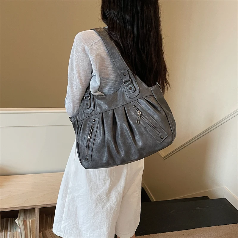 Vintage Soft Leather Women Hobo Bag Large Capacity Casual Tote Bag Female 2026 Trend Shoulder Crossbody Bags for Work & Travel