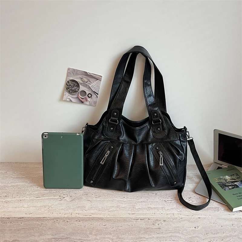 Vintage Soft Leather Women Hobo Bag Large Capacity Casual Tote Bag Female 2026 Trend Shoulder Crossbody Bags for Work & Travel