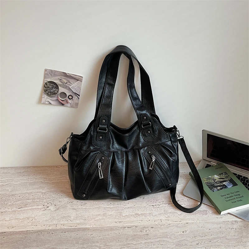Vintage Soft Leather Women Hobo Bag Large Capacity Casual Tote Bag Female 2026 Trend Shoulder Crossbody Bags for Work & Travel