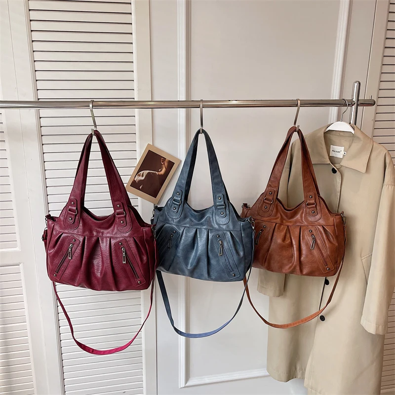 Vintage Soft Leather Women Hobo Bag Large Capacity Casual Tote Bag Female 2026 Trend Shoulder Crossbody Bags for Work & Travel