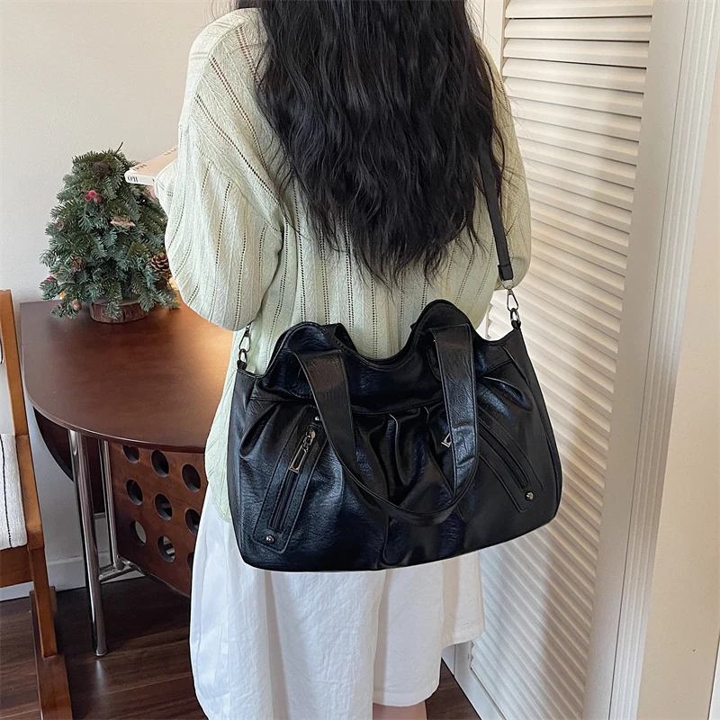 Vintage Soft Leather Women Hobo Bag Large Capacity Casual Tote Bag Female 2026 Trend Shoulder Crossbody Bags for Work & Travel