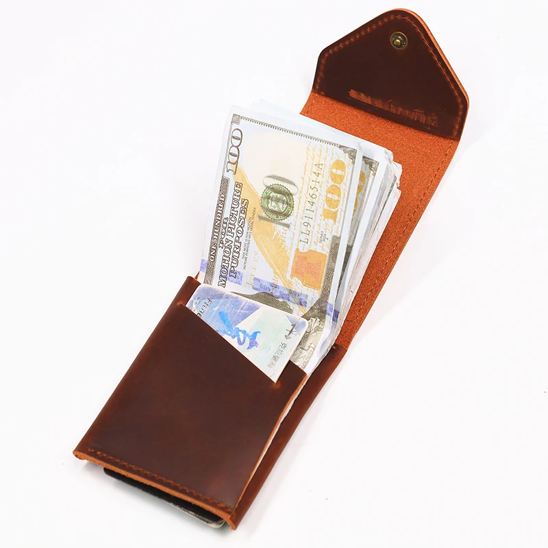 100% Genuine Leather Wallet For Men Male Original Cowhide Slim Minimalist Front Pocket Cash Wallet Card Holder With Flap Closure