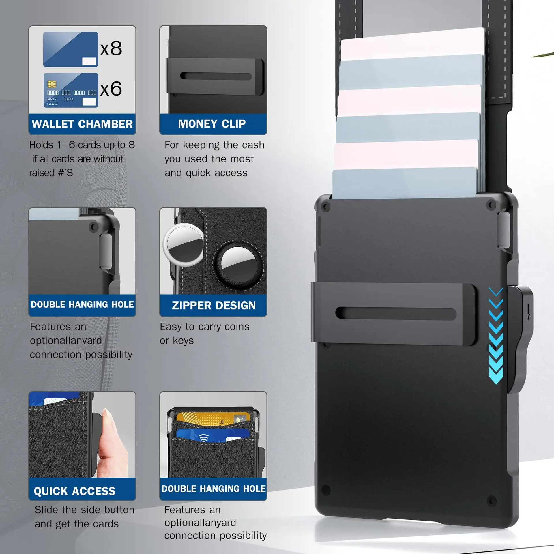 Men's Pop-Up Aluminum-Framed Carbon Fiber PU RFID Blocking Bifold Wallet with AirTag Slot Credit Card Holder Fold Design