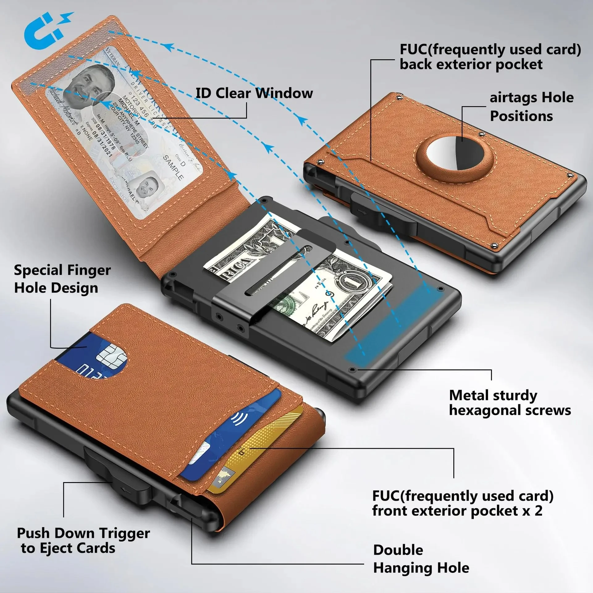 Men's Pop-Up Aluminum-Framed Carbon Fiber PU RFID Blocking Bifold Wallet with AirTag Slot Credit Card Holder Fold Design