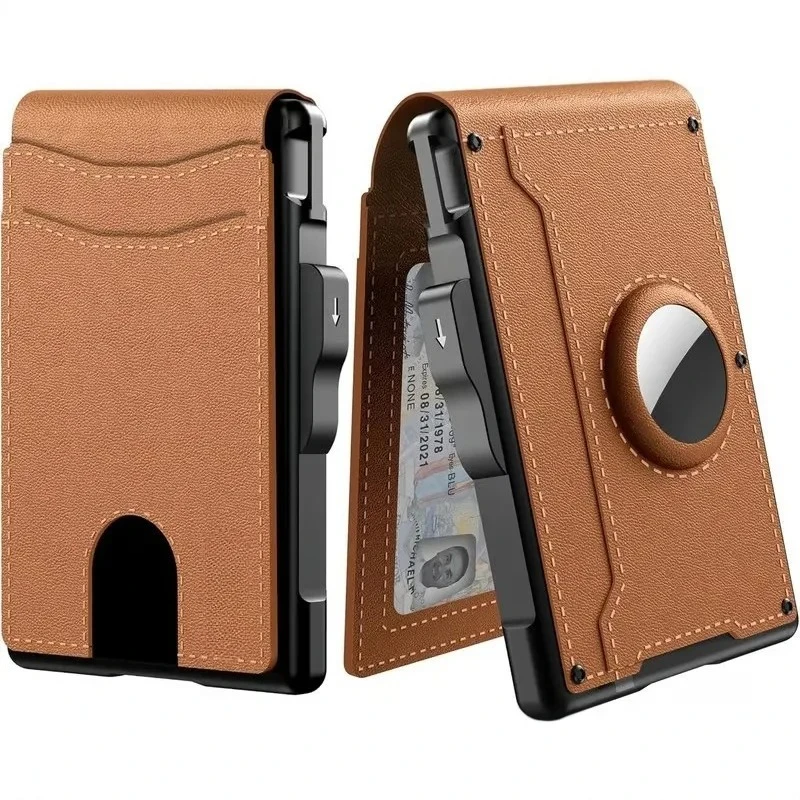 Men's Pop-Up Aluminum-Framed Carbon Fiber PU RFID Blocking Bifold Wallet with AirTag Slot Credit Card Holder Fold Design