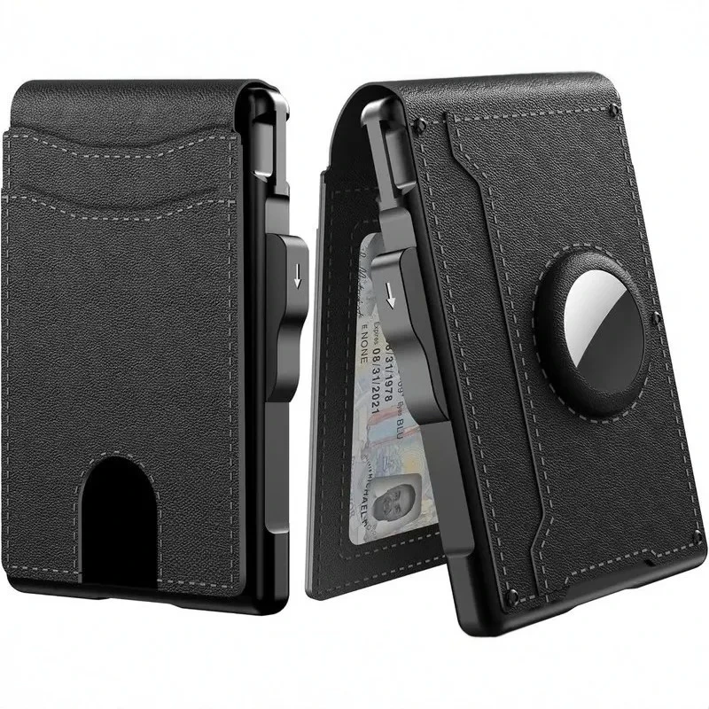 Men's Pop-Up Aluminum-Framed Carbon Fiber PU RFID Blocking Bifold Wallet with AirTag Slot Credit Card Holder Fold Design